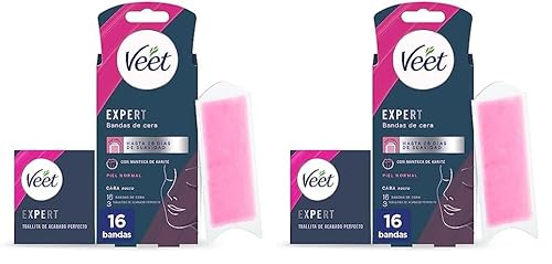 Veet Expert Bandas de Cera Fría Depilatoria para Depilación Facial, Adecuado para Labio Superior (Bigote), con Manteca de Karité, 16 tiras (Paquete de 2)