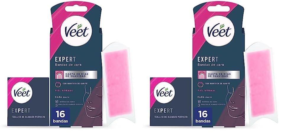 Veet Expert Bandas de Cera Fría Depilatoria para Depilación Facial, Adecuado para Labio Superior (Bigote), con Manteca de Karité, 16 tiras (Paquete de 2)
