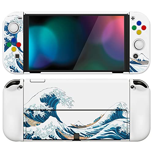 PlayVital Etui Ochronny do Nintendo Switch OLED Case Hard Shell,AlterGrips Dokowalna Futerał do Switch OLED,Protective Cover z Kciuka Caps&Caps Przycisków-Wielka Fala Kanagawie