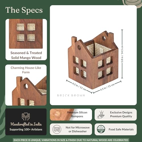 Image of Brick Brown Premium Wooden Maison Cutlery Holder Spoon Stand for Kitchen | Cutlery holder for Dining table | Wooden Caddy Storage Organiser Stand | Caddy Holder(4.5x4.5x5.8 inch)