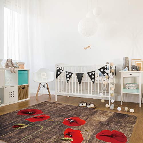 Greday 2'7''X 5' Red Flower Area Rug,Old Wooden Grain Poppy Floral Outdoor Indoor Washable Carpet Area+Rug For Living Room,Kids/Boys/Girls Bedroom,Bathroom,Classroom,Kitchen,Hallway,Throw Floor Mat #TOP2