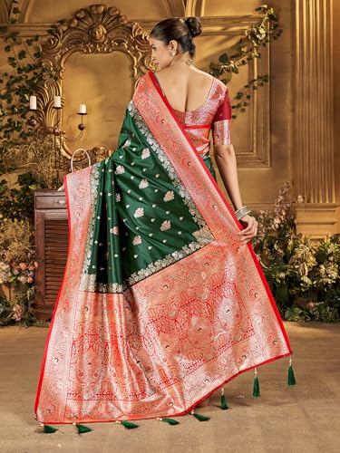 Image of Mehrang Women's Banarasi Silk Kanjivaram Saree For Wedding With Pure Zari Work, Woven Design, With Unstitched Blouse Piece
