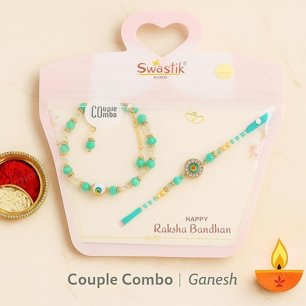 Image of PRINT BHARAT Rakhi for Brother with Coaster, Kumkum & Chawal | Traditional Beaded Thread Rakhi with Royal Kalai Thread | Raksha Bandhan Gift Hamper