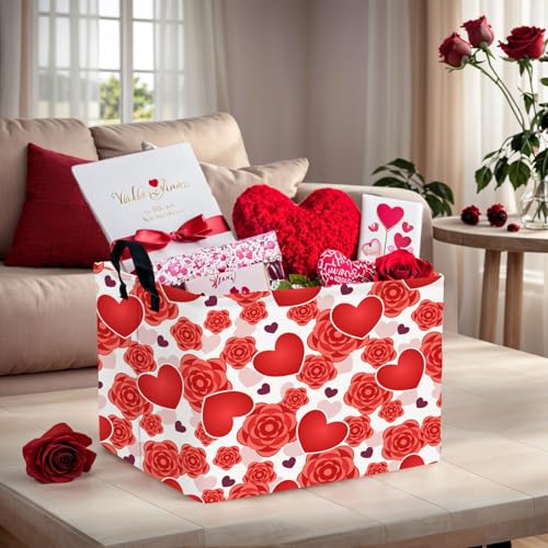 Image of Valentine's Day Basket for Gifts Empty Cute Heart Large Gift Basket Decorative Storage Bin for Kid and Baby Room Decor (Red Love Rose)
