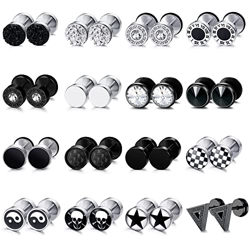 Pendientes oreja tornillo que no se caen con studs estables de acero negro mate y plata de 8mm 1