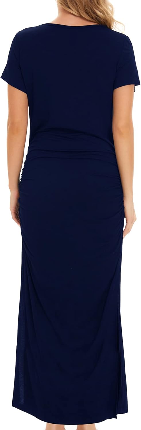 Smallshow Women's Split Long Maternity Dress Short Sleeve Ruched Pregnancy Clothes - Image 4