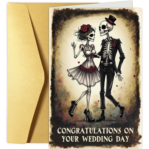 Gothic Skeleton Halloween Wedding Card, Spooky Congratulations Card for Newlyweds,