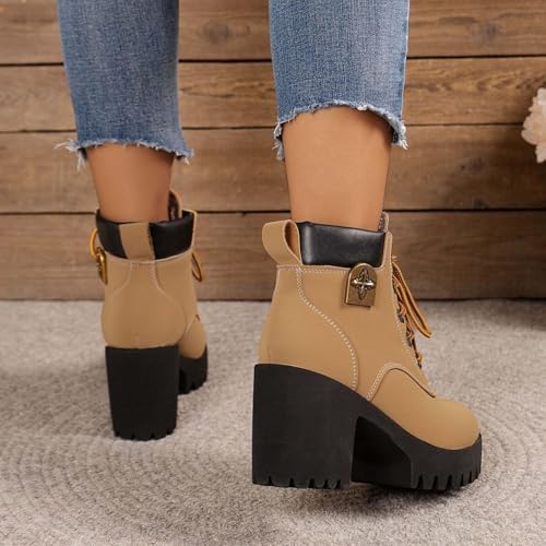 Women Ankle Boots Platform Lace Up Chunky Heel Booties Stacked Heel Round Toe Pull on Motorcycle Mid Calf Boots4