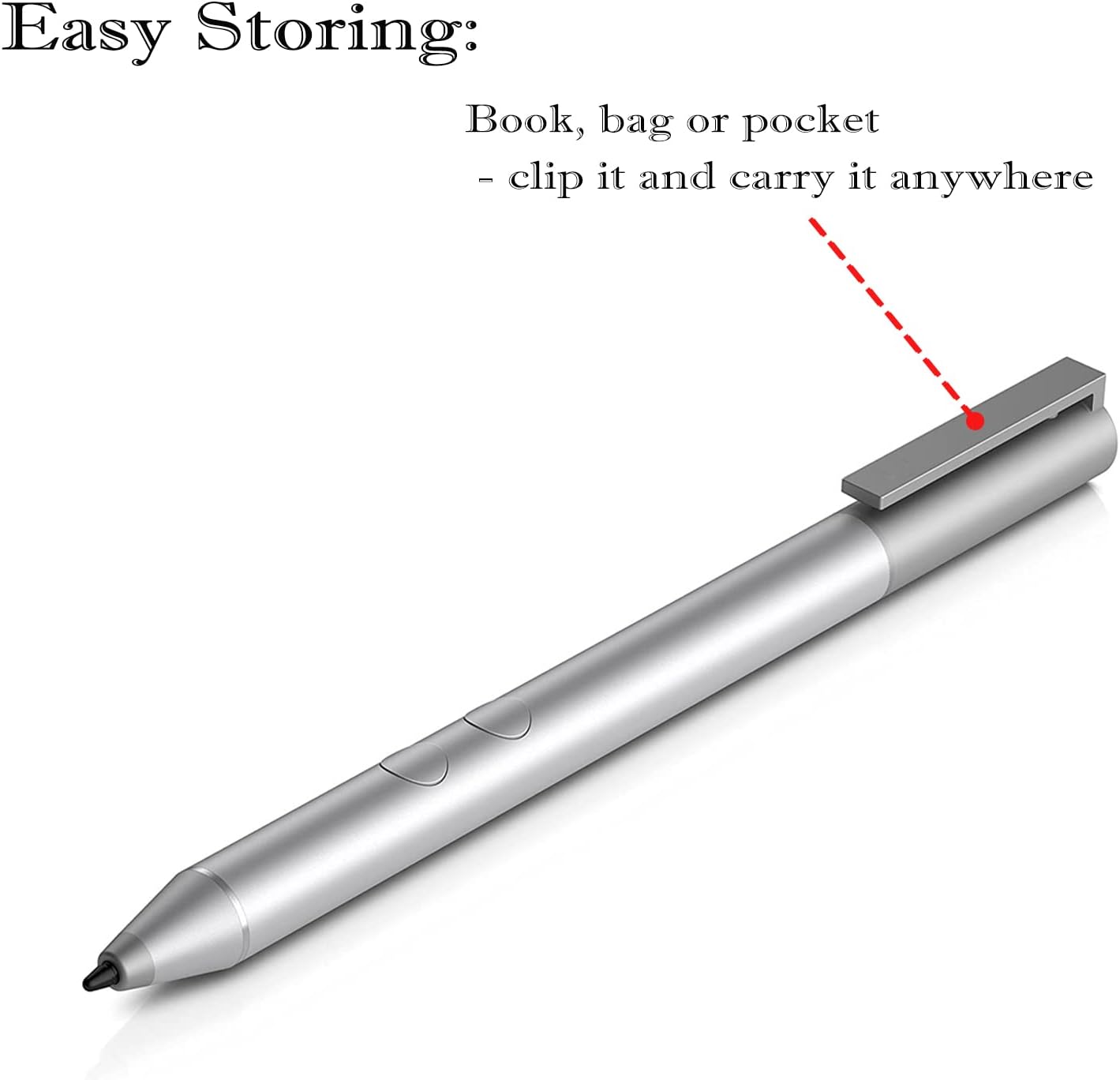 Stylus pen magnetically attached to the side of a laptop, illustrating its easy storage feature.