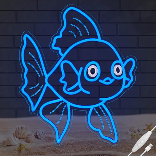 Image of Neon Signs for Wall Decor Lucky Blue Goldfish LED Signs for Wall Art Decor Ocean theme Restaurant Home Bar Kitchen Dining Bedroom Decor Christmas Gifts
