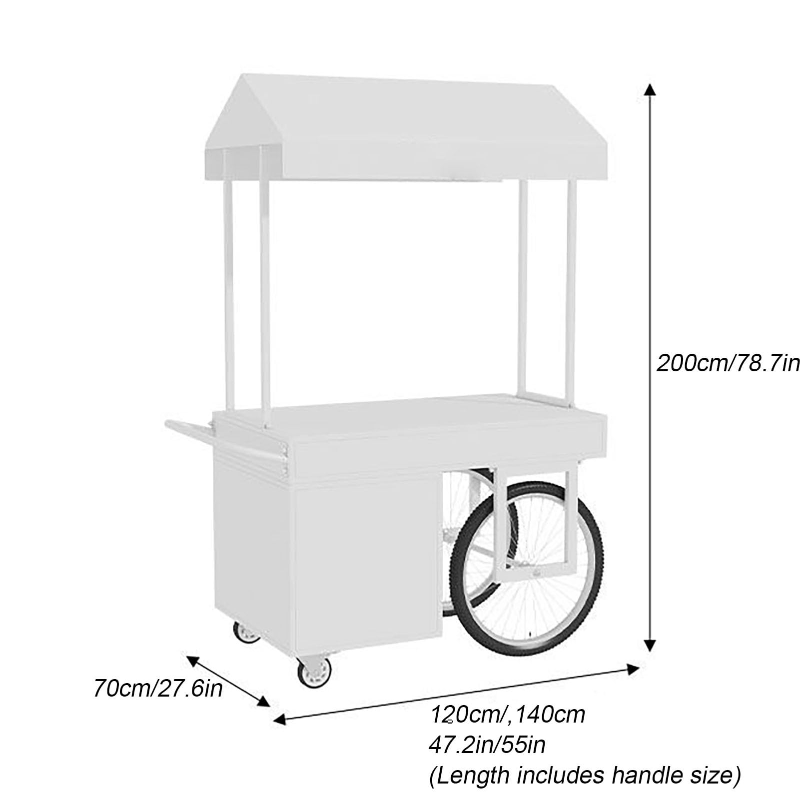 Carrello da pranzo portatile con tettoia parasole e ruote, bancarella mobile per eventi all'aperto e cibo da strada