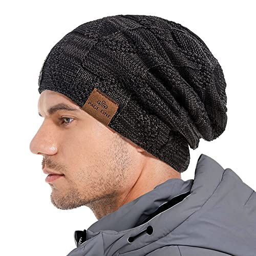 Page One Mens Winter Slouchy Beanie Warm Fleece Lined Skull Cap Baggy Cable Knit Hat Black #TOP1