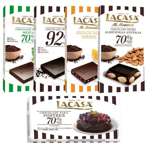 Pack Lacasa 5 deliciosas tabletas de chocolate de distintos sabores y tamaños: naranja , menta ,cacao 92% ,culinaria200g, almendra 200g