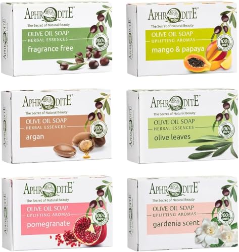 Aphrodite Olivenöl-Seifen-Set 6er – Naturseife aus Griechenland mit 100% Olivenöl (Duftfrei, Mango & Papaya, Argan, Olivenblätter, Granatapfel, Gardenie) – Hand- & Körperseife