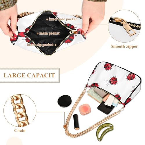 Vivid Red Black Ladybugs White Hobo Party Purse Women Tote Handbag Painting Floral Shoulder Bag Zipper Closure4