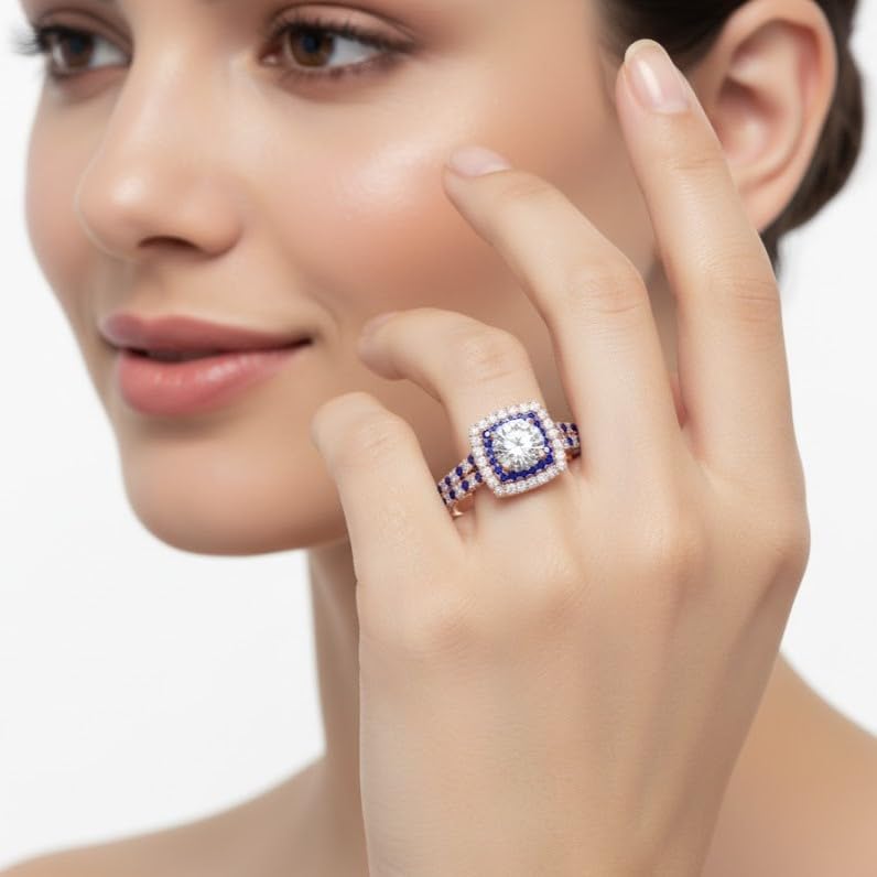 Image of 55Carat Choose Your Gemstone Double Band Square Halo Diamond CZ Ring 18K Rose Gold Plated Round Shape Halo Engagement Rings Everyday Jewelry Wedding Jewelry Handmade Gifts for Wife US Size 4 to 12