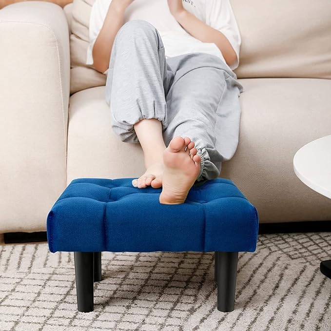 Velvet Ottoman Foot Rest Stool for Living Room | Soft Padded Tufted Footstool with Wooden Legs | Small Upholstered Footrest Bench for Sofa, Bedroom, Dressing Room-image-21