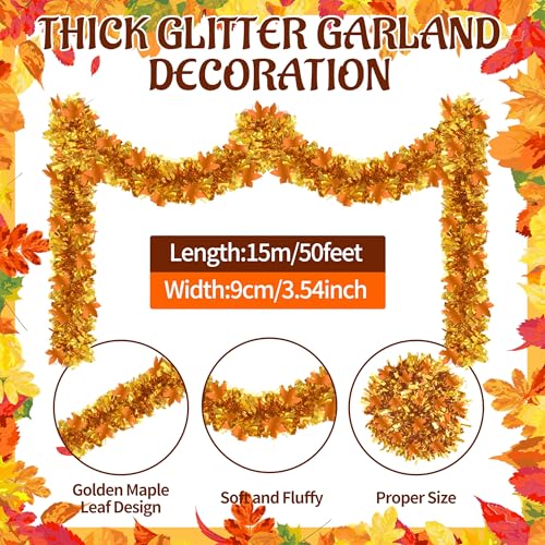 Image of 50FT Thanksgiving Tinsel Garland, Tinsel Garland Hanging Streamers Maple Leaf Metallic Holiday Tinsel Fall Hanging Oranment for Autumn Thanksgiving Day Halloween Party Decoration