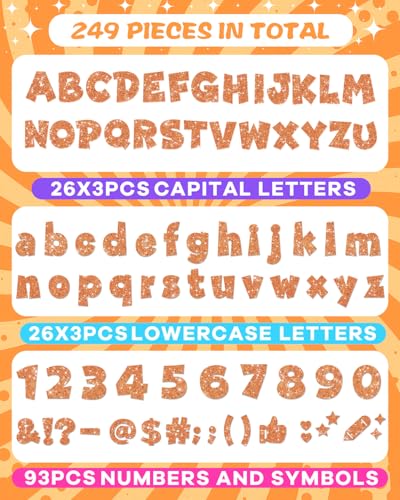 Image of 249 Pcs Glitter Bulletin Board Letters, Numbers and Punctuation 4 Inch | Cut Out Letters for Bulletin Board Decorations, Poster Board Letters Alphabet Cutouts for Classroom Wall Decor (Orange)