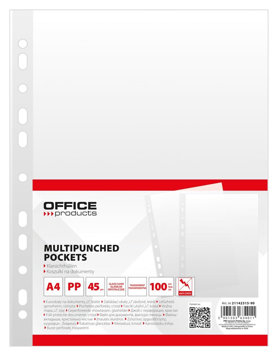 Office Products Document Wallets/Pack of 100 / DIN A4 / Crystal Clear Top Open Transparent Pockets Perforated Plastic Cover for Documents Papers Files Folder Polypropylene Transparent 45 Micron