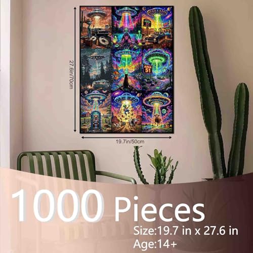 UFO Alien Puzzle 1000 Teile für Erwachsene, farbenfrohes fliegendes und Area 51-Puzzle mit Wüstenstraßen-Landschaften und lustigen… – Ansicht 2