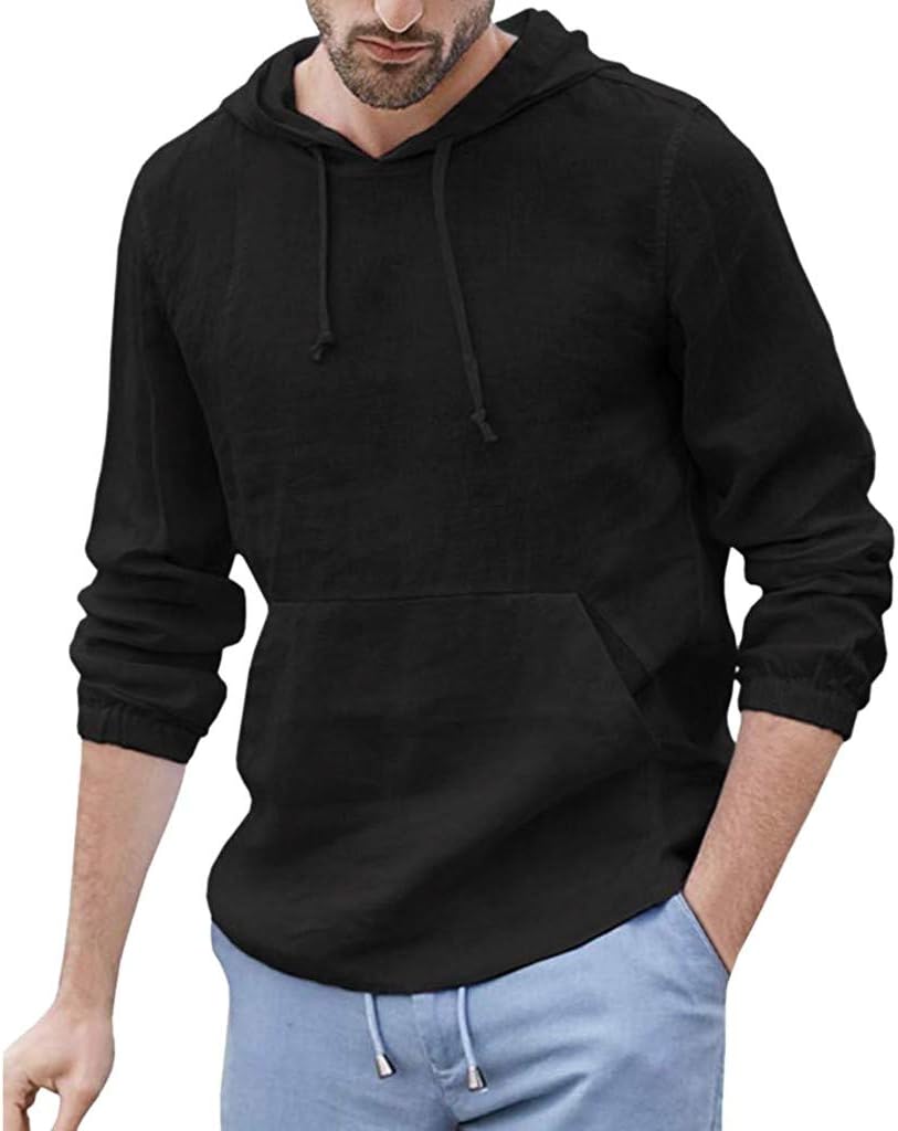 Ymosrh Big and Tall Hoodies for Men Baggy Cotton Linen Hooded Pocket Solid Long Sleeve Retro T Shirts Tops Hoodie