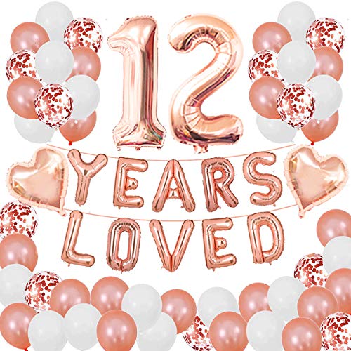 12 Years Loved Rose Gold Theme Kit for 12ND Birthday or Anniversary Party Decorations Supplies Rose Gold Latex Confetti Balloons 16inch Years Loved Foil Balloons 32inch Number 12 Rose Gold Succris