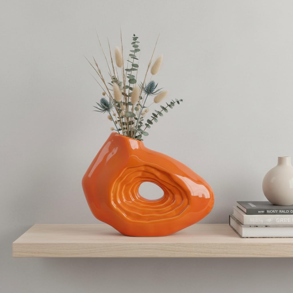 Sunddo Orange Ceramic Vase for Home Decor, 7 Inch Small Donut Flower Vases for Decor, Modern Decorative Vase, Centerpiece, Shelf, Table, Bookshelf, Entryway Decoration