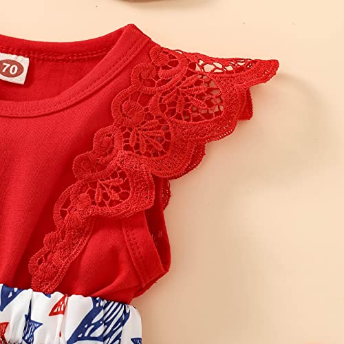 Guodeunh Infant Baby Girl Independence Day Outfit 4Th Of July Dress Ruffle Lace Romper Sleeveless Top Star Stripe Skirt+Headband (Red, 0-3 Months) #TOP3