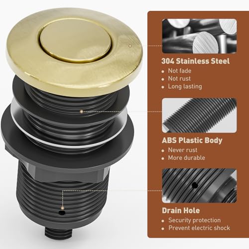 Image of Garbage Disposal Air Switch Kit Dual Outlet, Sink Top Button UL Listed | Waterproof Stainless Steel Countertop Button, Compatible for all Waste Disposer Models - Brushed Gold