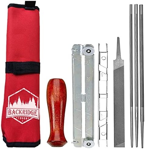 Chainsaw Sharpener File Kit – Flat, 5/32, 3/16, 7/32 Inch Round Files, Raker Tooth Depth Gauge, Blade Filing Guide, Wood Handle & Tool Pouch – Used to Sharpen Chain Saw Teeth - 8 Piece Sharpening Set