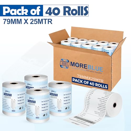 Image of MOREBLUE 3 Inch Thermal Paper Rolls (79mm x 25m, 55 GSM) | Ink-Free BPA-Free Receipt Paper for POS Machine, Billing Machine & Thermal Printers Pack 40