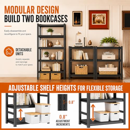 Image of Modern Metal Book Shelf, Heavy Duty Black Bookshelf, Bolt-Free Deep Bookcase for CDs Movies Garage Kit, Adjustable Bookshelf in Living Room, Bedroom, Kitchen, Office, 32 inch W x14 D x32 H
