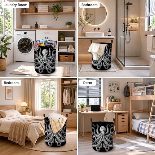 Image of Vintage Octopus Laundry Basket, Foldable Oxford Cloth Ocean Nautical Laundry Hamper with Handles, Tote Bag Clothes Storage Bucket for Laundry Room /Bathroom /Bedroom /Dormitories 20.8 inchx16 inch
