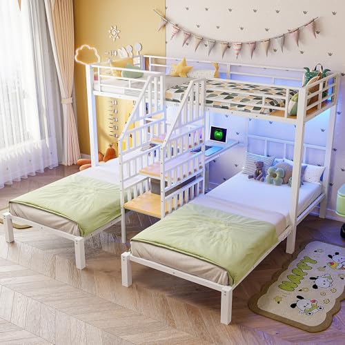Sapgaks - Litera infantil 90 x 200 cm x 3 con LED, 2 puertos USB + 1 toma eléctrica, escritorio y estante, marco de cama infantil 90 x 200 con escalera integrada, sin colchón (H-Blanco)