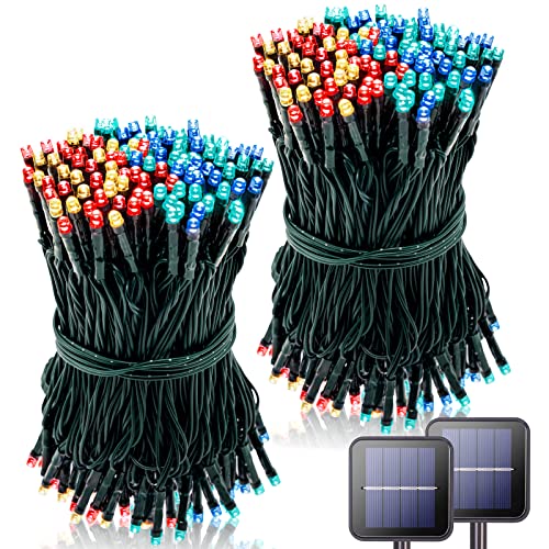POTIVE 2 Pack Total 85Ft 200 LED Solar Christmas Lights Outdoor, Multicolor Modes Tree Solar Lights for Christmas Garden Patio Fence Decorations