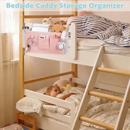 Image of Loghot Bedside Caddy /Bedside Storage Bag Hanging Organizer for Bunk and Hospital Beds,Dorm Rooms Bed Rails,Can be Placed Glasses,Books,Mobile Phones,Keys (Light Pink)