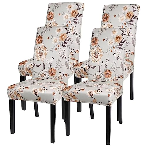 Image of SearchI Printed Dining Room Chair Covers Set of 4, Stretch Kitchen Chair Covers Washable Parsons Chair Slipcover Removable Dining Chair Protectors for Hotel,Ceremony(Brown Floral)