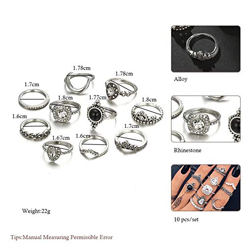 Boho Midi Finger Oxidized Crystal Ring Set of 10