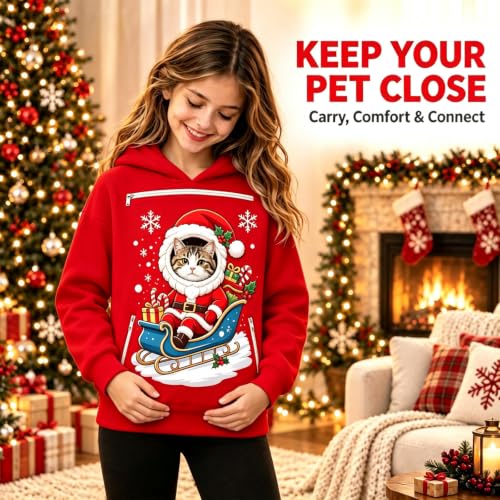 Girls Christmas Cat Dog Pouch Hoodie Pet Carrier Zip Pullover Sweatshirt - image 2