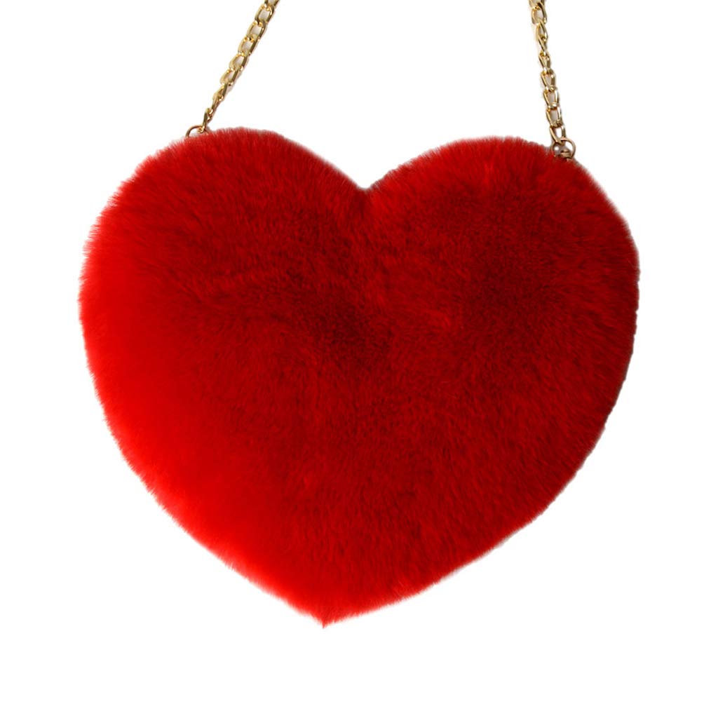 fatteryu Women's Heart Shaped Faux Fur Crossbody Wallet Purse Chain Shoulder Bag Red