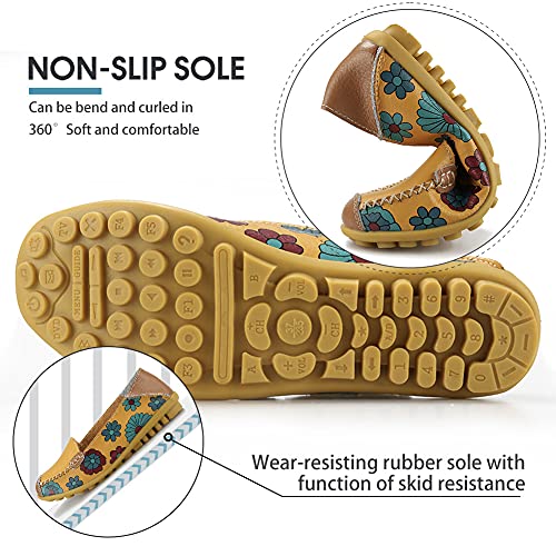 Ablanczoom Womens Comfortable Leather Floral Print Flats Casual Driving Loafers Walking Shoes For Women Yellow #TOP4