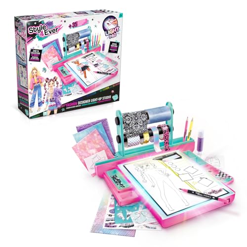 Style 4 Ever Fashion Designer Light Up Studio Design Dream Outfits from Scratch LED Drawing Pad DIY Fashion Design Kit for Kids 6+ | Real Fabrics Stickers & Gems Included