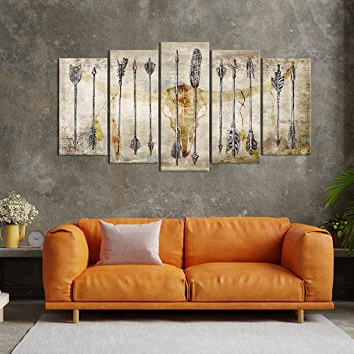 Visual Art Decor Vintage Tribal Arrow With Longhorn Skull Painting Giclee Prints Retro Indian Native American Pictures Wall Decoration Ready To Hang For Living Room Home Office (Beige, Total 60X32) #TOP2