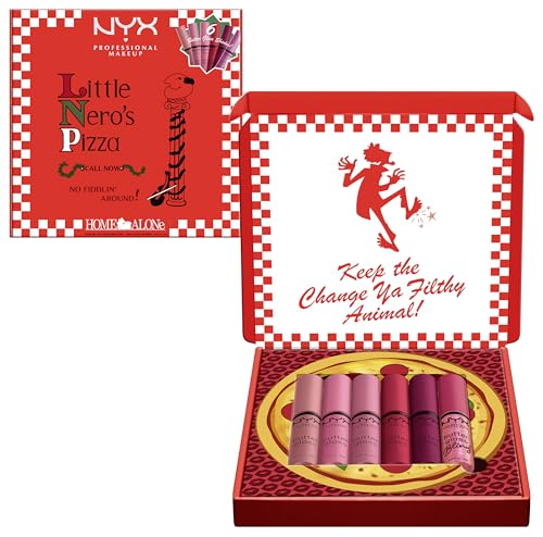 NYX Butter Gloss Pizza Vault brillo de labios Home Alone tonos rosa y rojo estuche 3