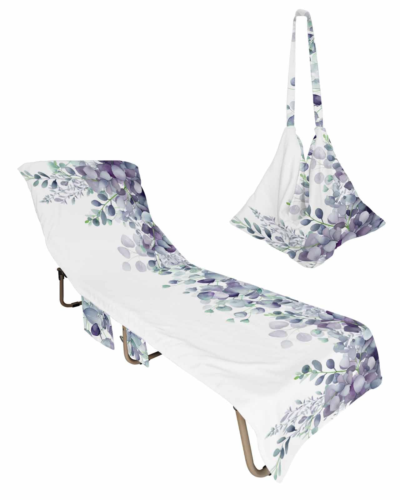 Purple Teal Eucalyptus Leaves Beach Lounge Chair Towel Cover, Soft Chaise Lounge Towel with Side Pockets Patio Pool Chairs Cover for Beach/Pool Sunbathing 29x85 Spring Summer Floral Botanical