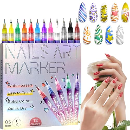 12 Colors Nail Art Pens Set, Nail Art Markers for Gel Nails, Nail Art Markers for Kids Adults, Nail Art Tools for Graffiti Dotting Drawing Painting Point Liner DIY (1 Set)