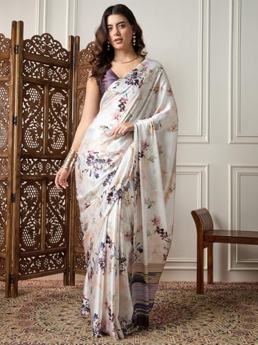 Image of AKHILAM Women's Multicolor Satin Silk Floral Printed Saree With Unstitched Blouse (SATIN1403 RJ11 Parent)