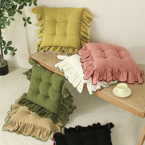 Huierxun Cotton Ruffles Chair Cushion for Dining Chairs Soft Comfortable Chair Pads with Ties Farmhouse Country Seat Cushion for Kitchen Chairs Office Chairs (Green,16"x16")