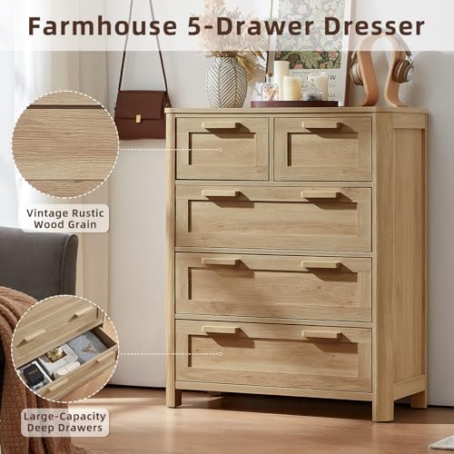 Image of Joaxswe Farmhouse 5 Drawer Dresser for Bedroom, Vertical Dressers Chest of Drawers with 5 Deep Drawers & 4 Thickened Table Legs, Natural Wood